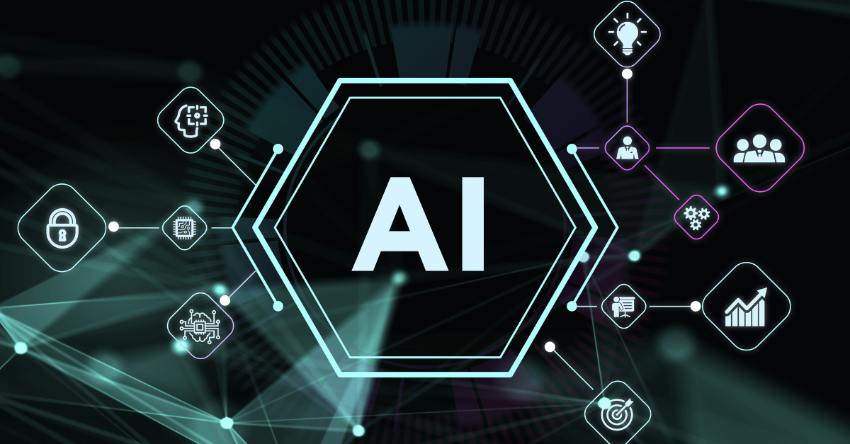 A corporate abstract stock image which says AI in the centre, surrounded by things which represent the insight you can get from AI including data and security.