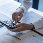 Close-up of hands using a calculator over financial reports and charts on a desk, reviewing budgets and business data.