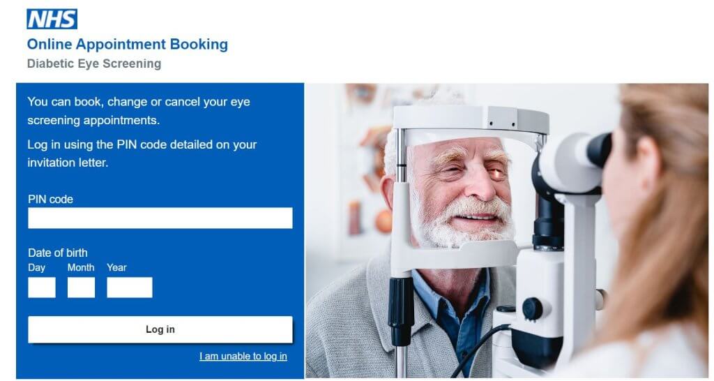 A screengrab of the NHS Diabetic Eye Screening services login page for Online Appointment Booking