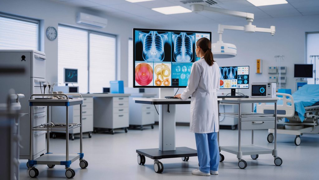 Medical professional reviews diagnostic scans on large monitors in a modern imaging room with equipment and patient care stations.