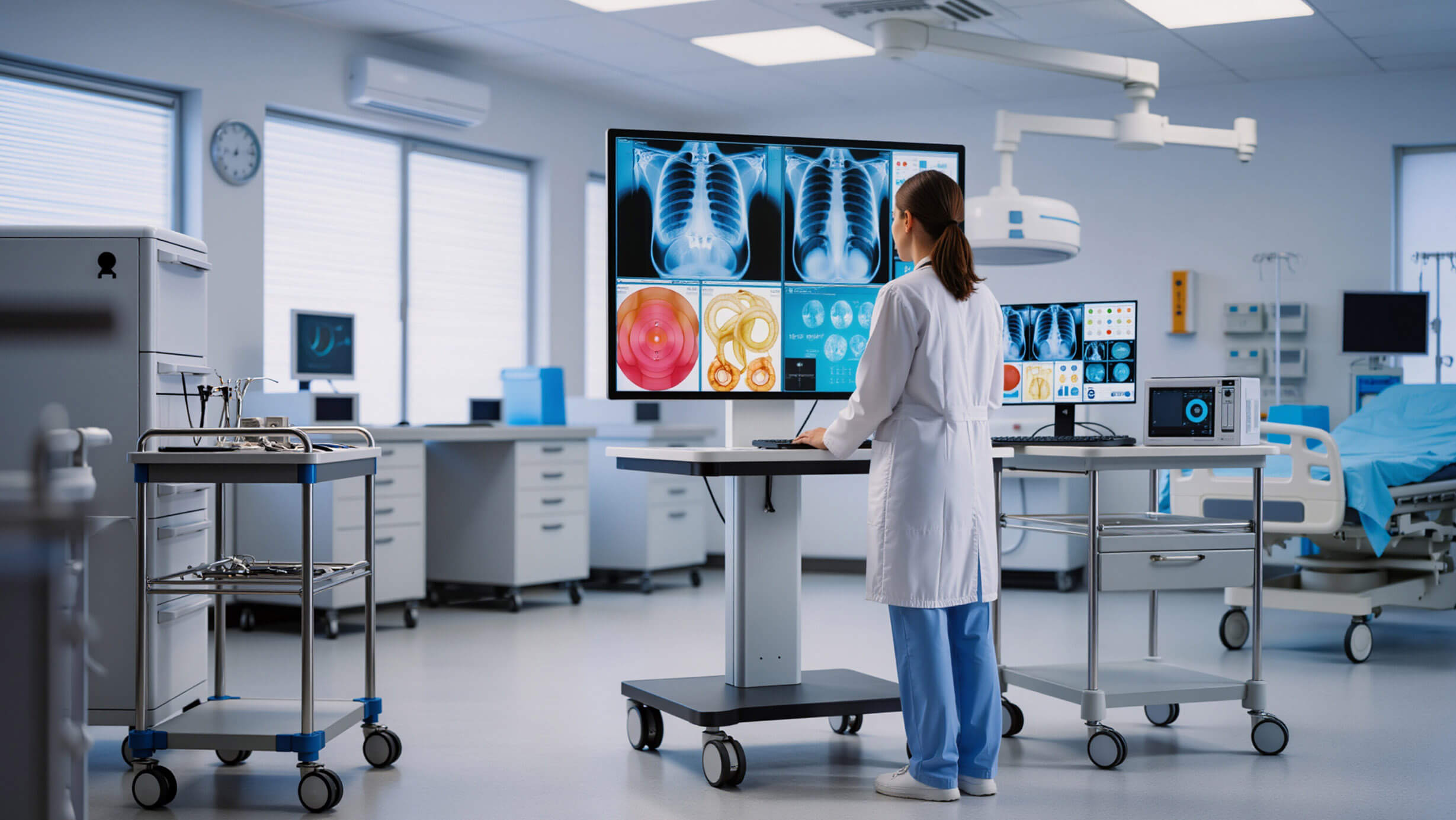 Medical professional reviews diagnostic scans on large monitors in a modern imaging room with equipment and patient care stations.