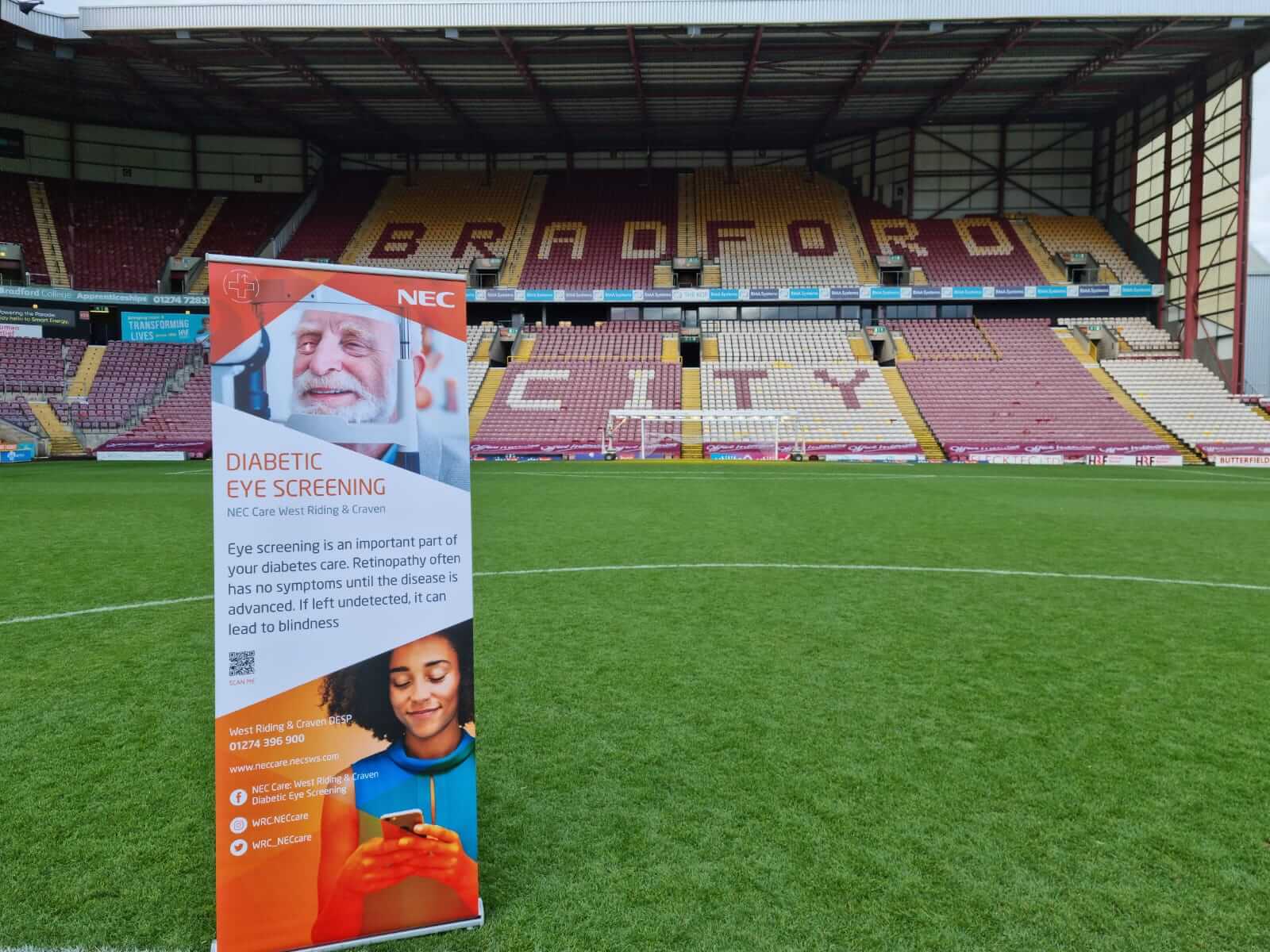NEC Care's Diabetic eye screening information banner promoting accessible eye health care.