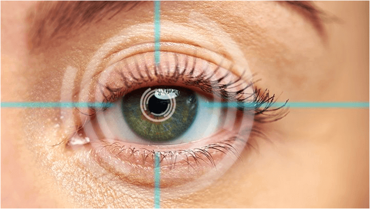 Close-up of a human eye with a digital targeting overlay, representing vision screening, eye health assessment, or ophthalmic diagnostics.