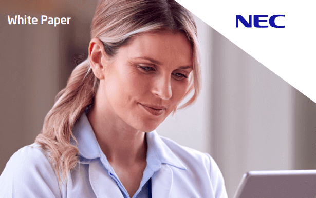 White paper cover featuring a healthcare professional using a tablet, with NEC branding displayed in the top corner.